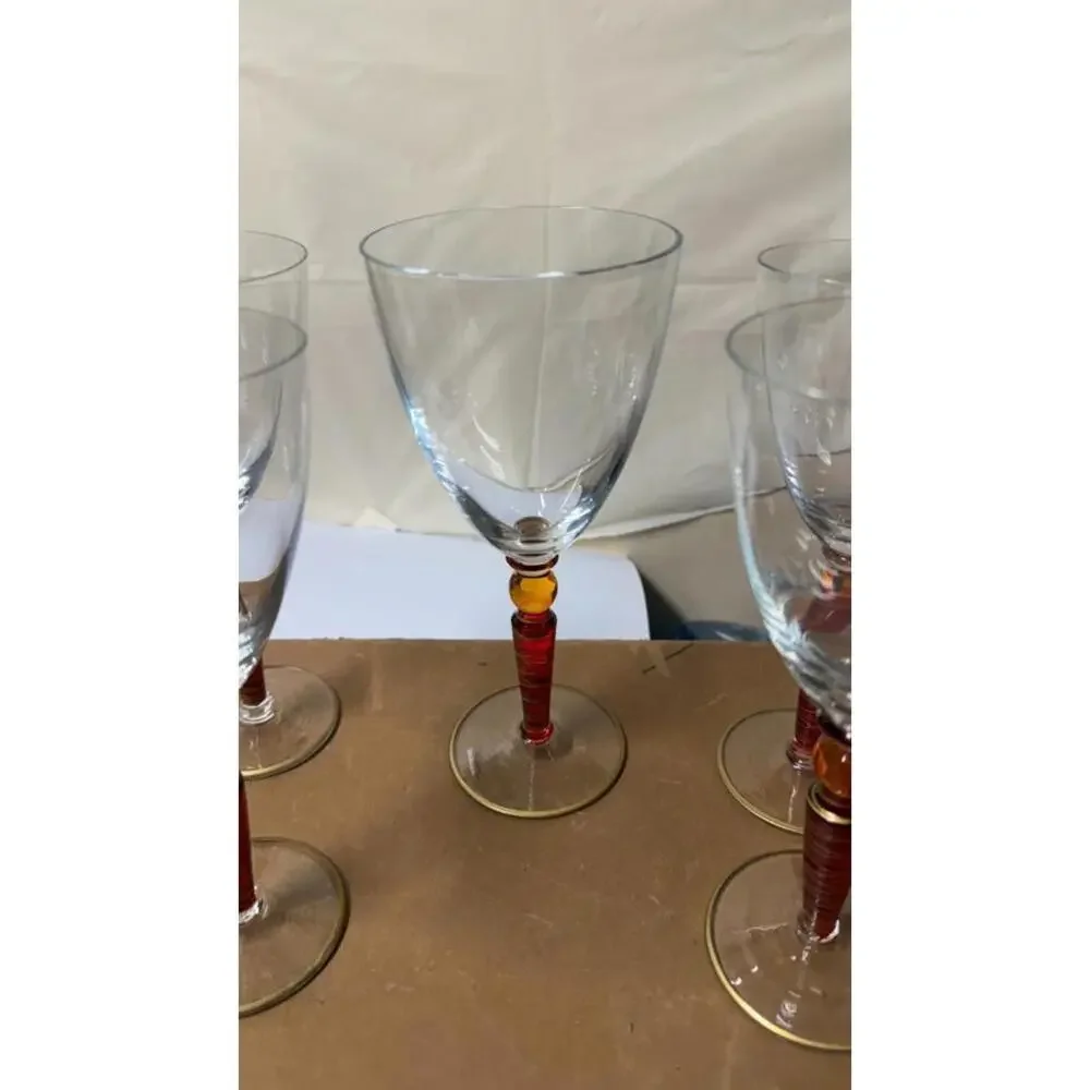 Set of 5 Handcrafted Amber Stem Wine Glasses‎ – 4 Matching + 1 Variant - Picture 6 of 16